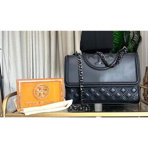 Tory Burch MATTE Black Quilted Leather Fleming Shoulder Bag